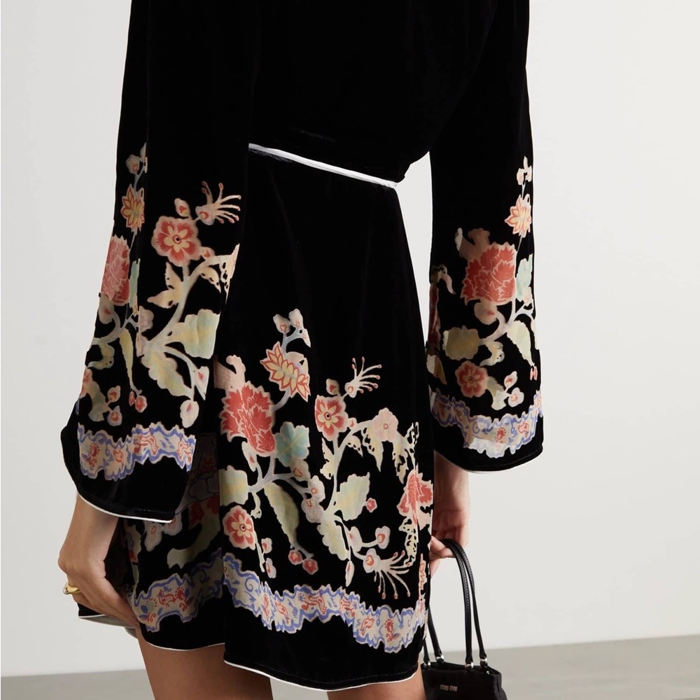 RIXO Iris Floral-print Devoré Silk-velvet Wrap Mini Dress Size XS US4